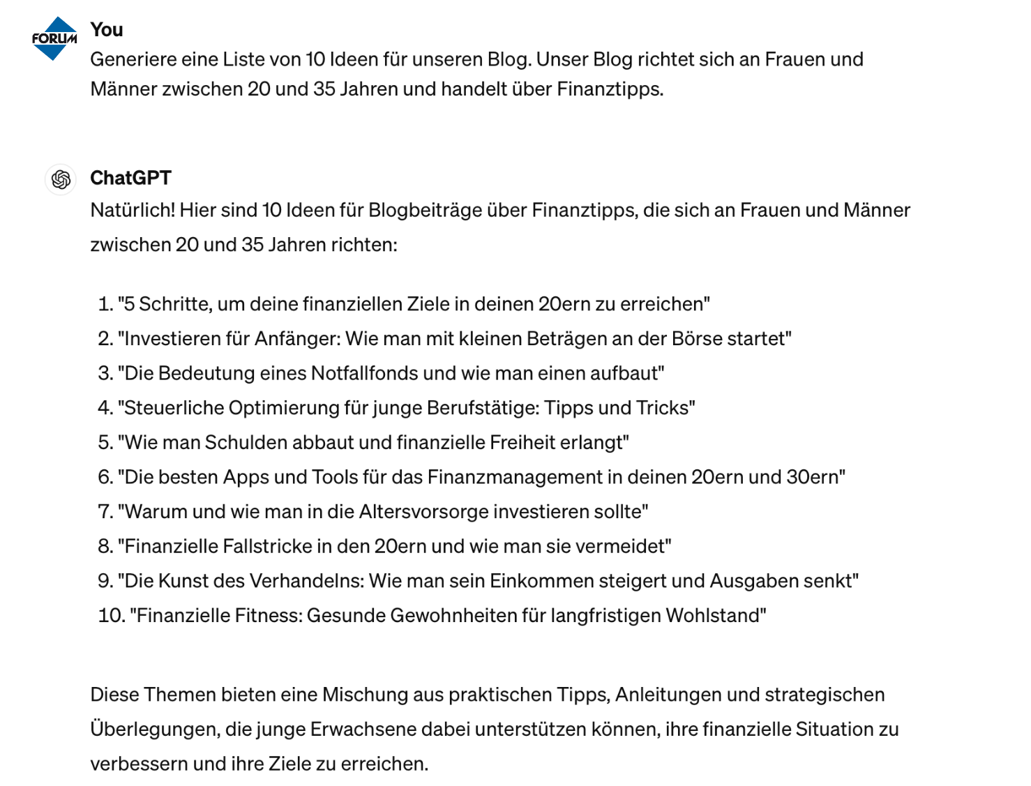 Screenshot von einem ChatGPT Prompt, der 10 Ideen für Blogbeiträge zeigt