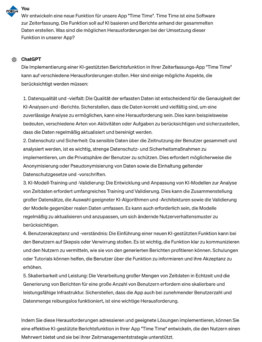 Screenshot von einem ChatGPT Prompt, der Herausforderungen bei der Umsetzung einer neuen Funktion in einer App zeigt