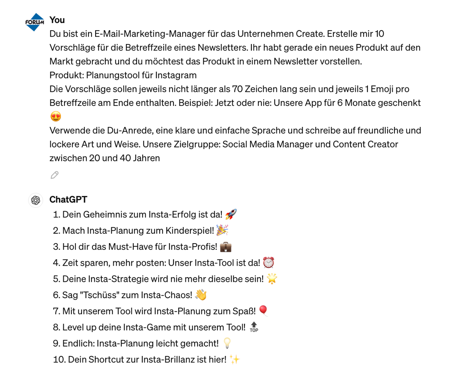 Screenshot von einem ChatGPT Prompt, der Vorschläge für eine Newsletter-Betreffzeile zeigt