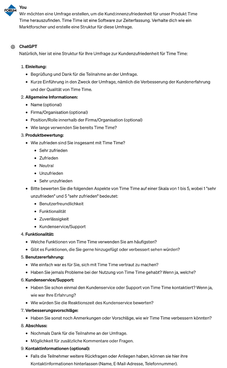 Screenshot von einem ChatGPT Prompt, der eine Struktur für eine Umfrage zur Kundenzufriedenheit zeigt