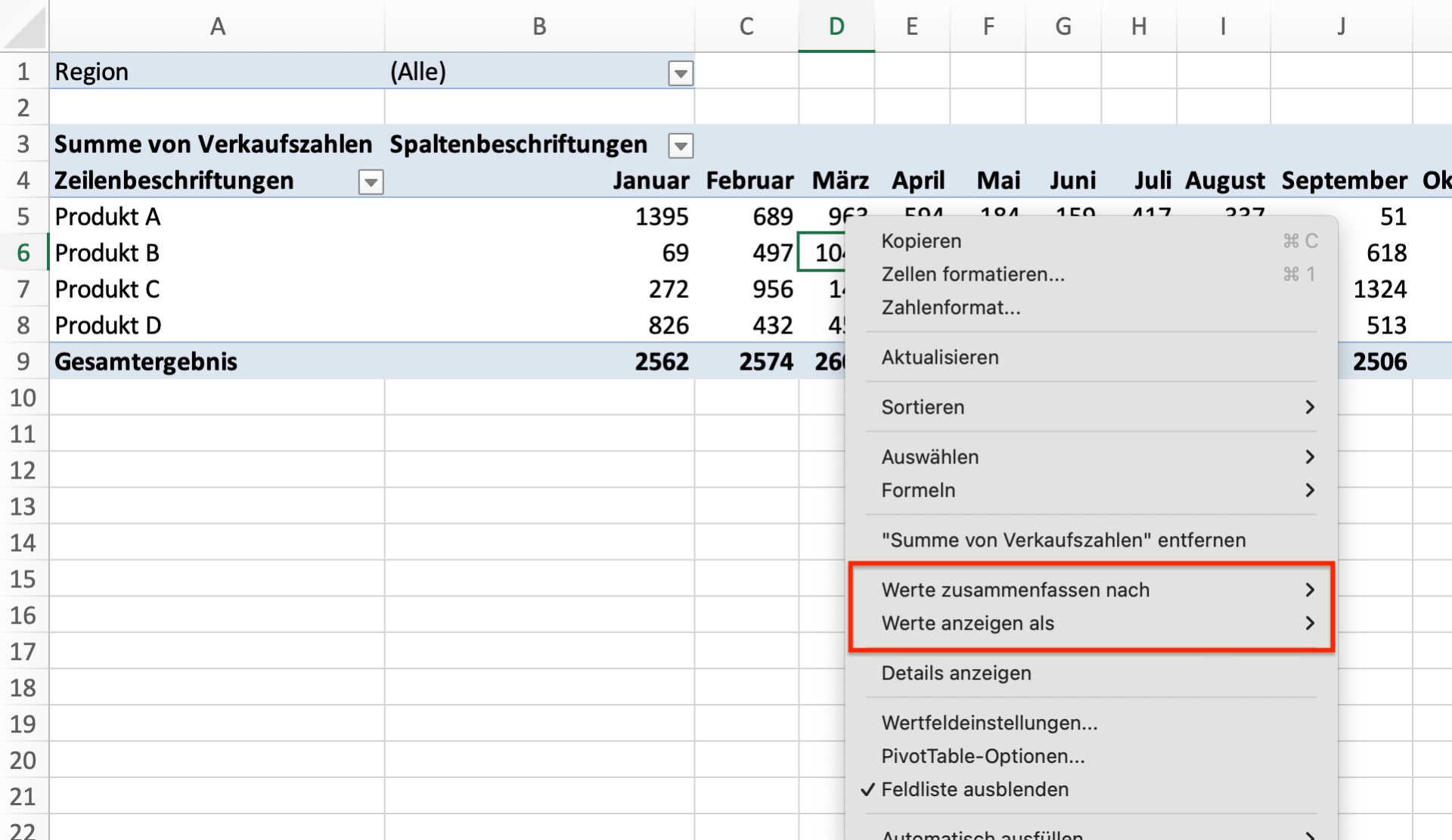 Screenshot einer Pivot-Tabelle in Excel mit den Optionen für die Berechnungen der Werte.