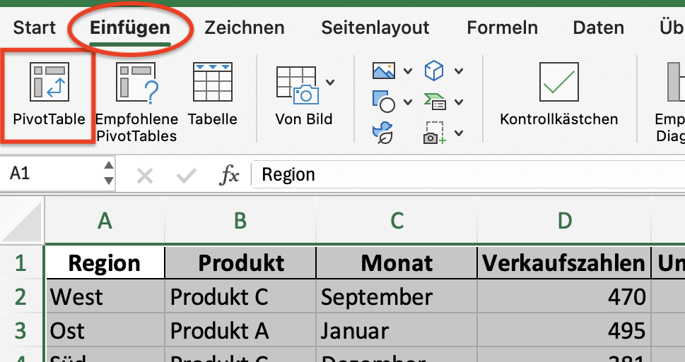 Screenshot einer Tabelle in Excel mit der Option, um eine Pivot-Tabelle zu erstellen.