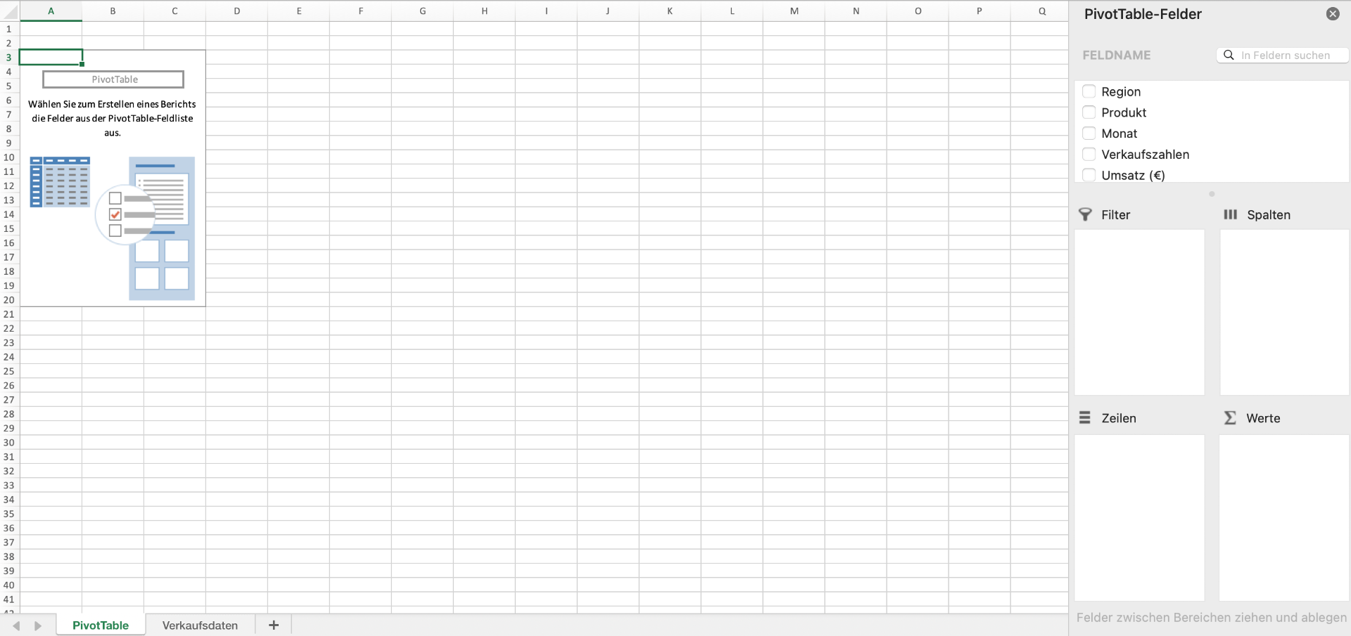 Screenshot einer eingefügten Pivot-Tabelle in Excel mit den Feldern.